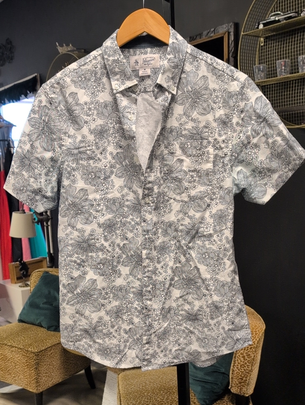 Original Penguin Black And White Floral Short-Sleeve Button-Down Shirt